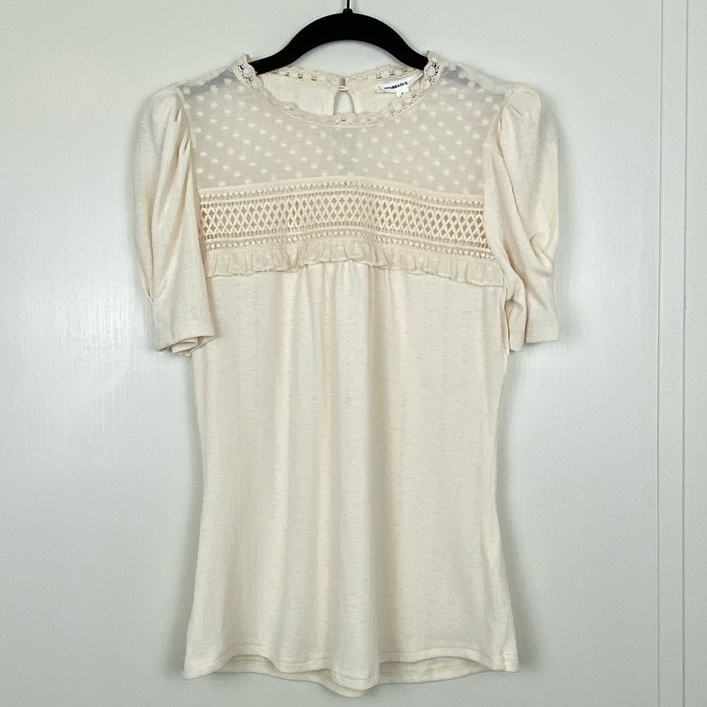 MINE Lace Ruffled Sheer Puff Sleeve Top